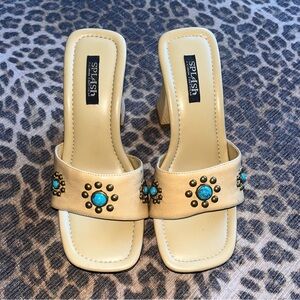Vintage 90s, early Y2K Splash Wood Heel Coquette Sandals with Turquoise Stones